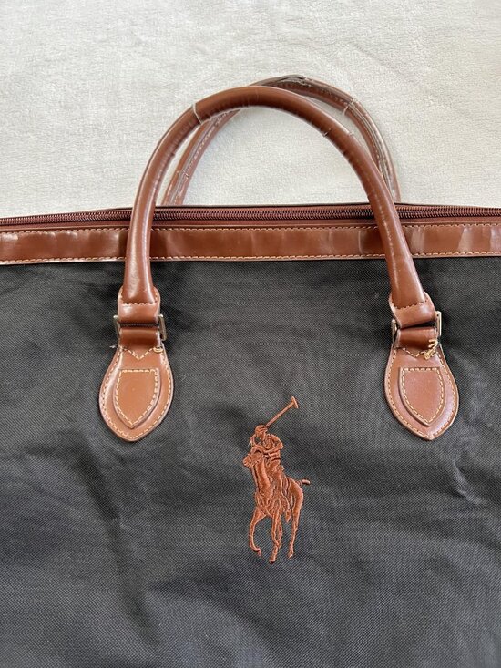 Ralph Lauren Polo Large Black Travel Duffel Bag Canvas Brown Faux Leather Trim - Picture 2 of 16